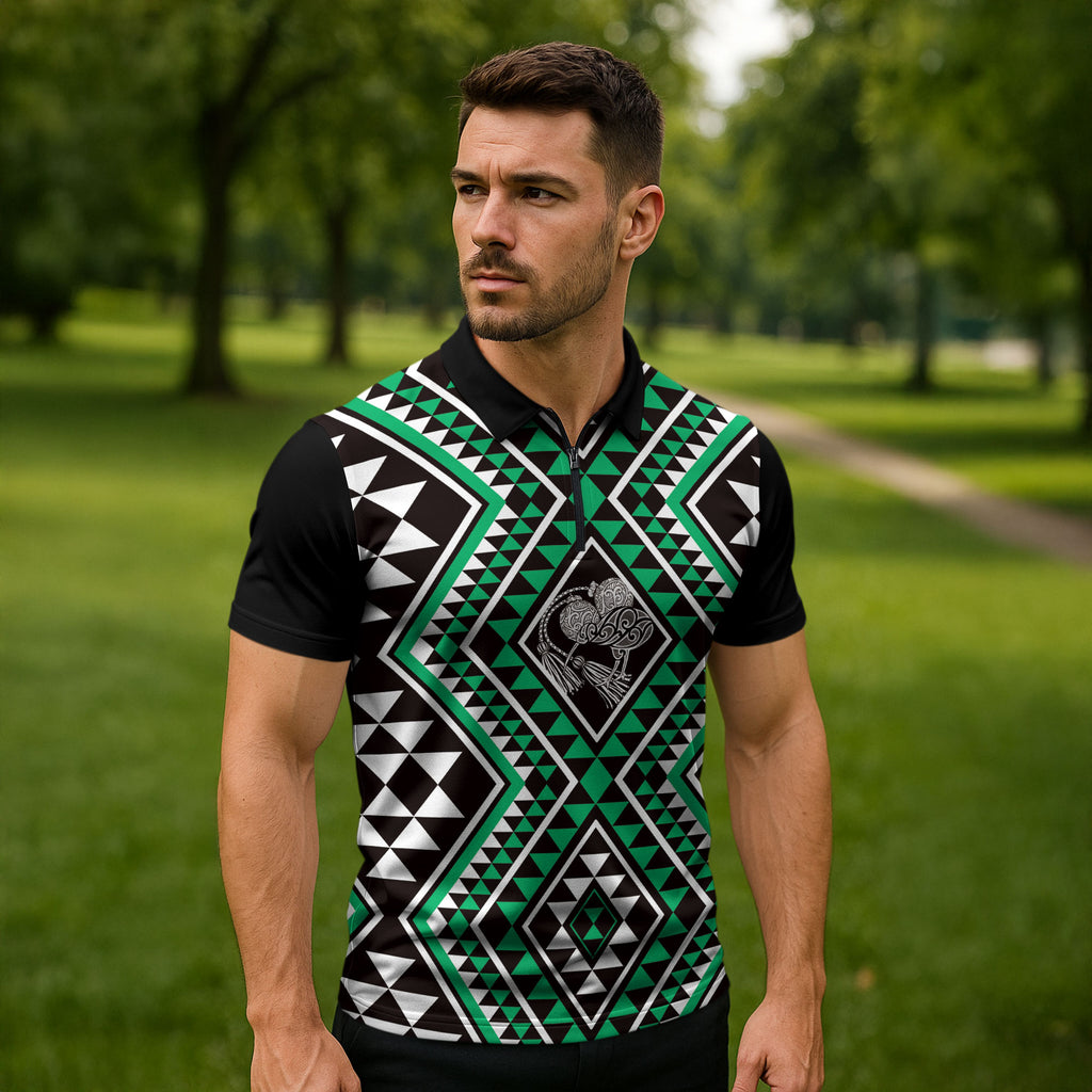 New Zealand Kakariki Taniko Motifs Zipper Polo Shirt Maori Poi Dance Costume Inspired