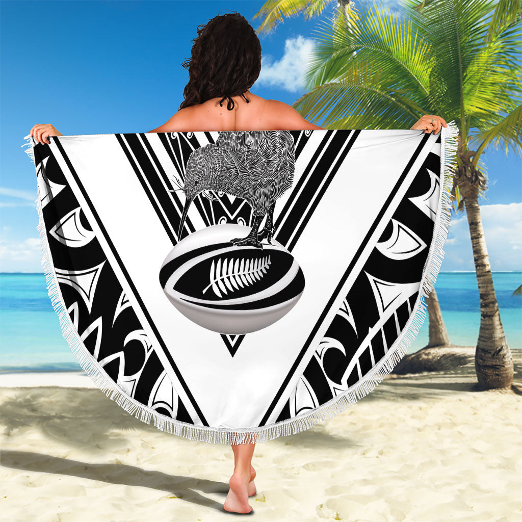 New Zealand Silver Fern Rugby Custom Beach Blanket Go Wheel Kiwi Maori Pattern