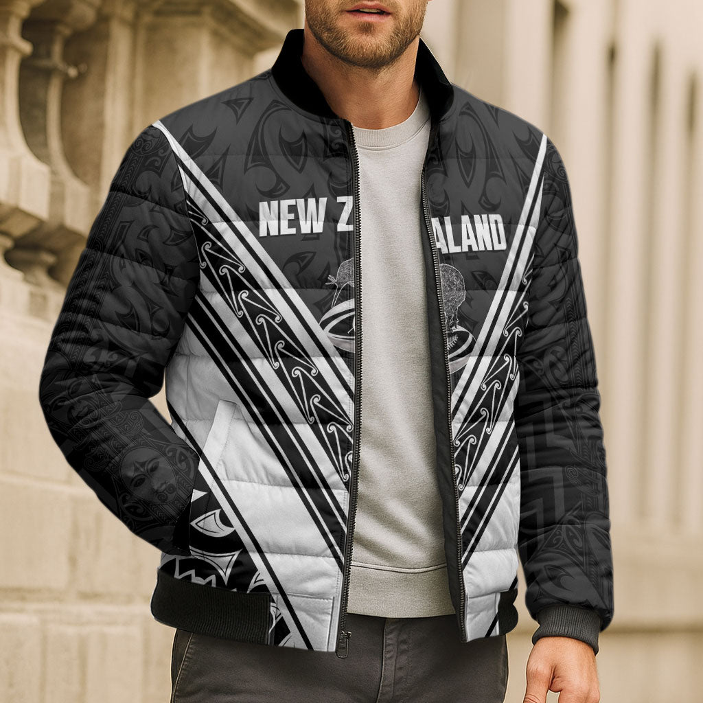 New Zealand Silver Fern Rugby Custom Bomber Puffer Jacket Go Wheel Kiwi Maori Pattern