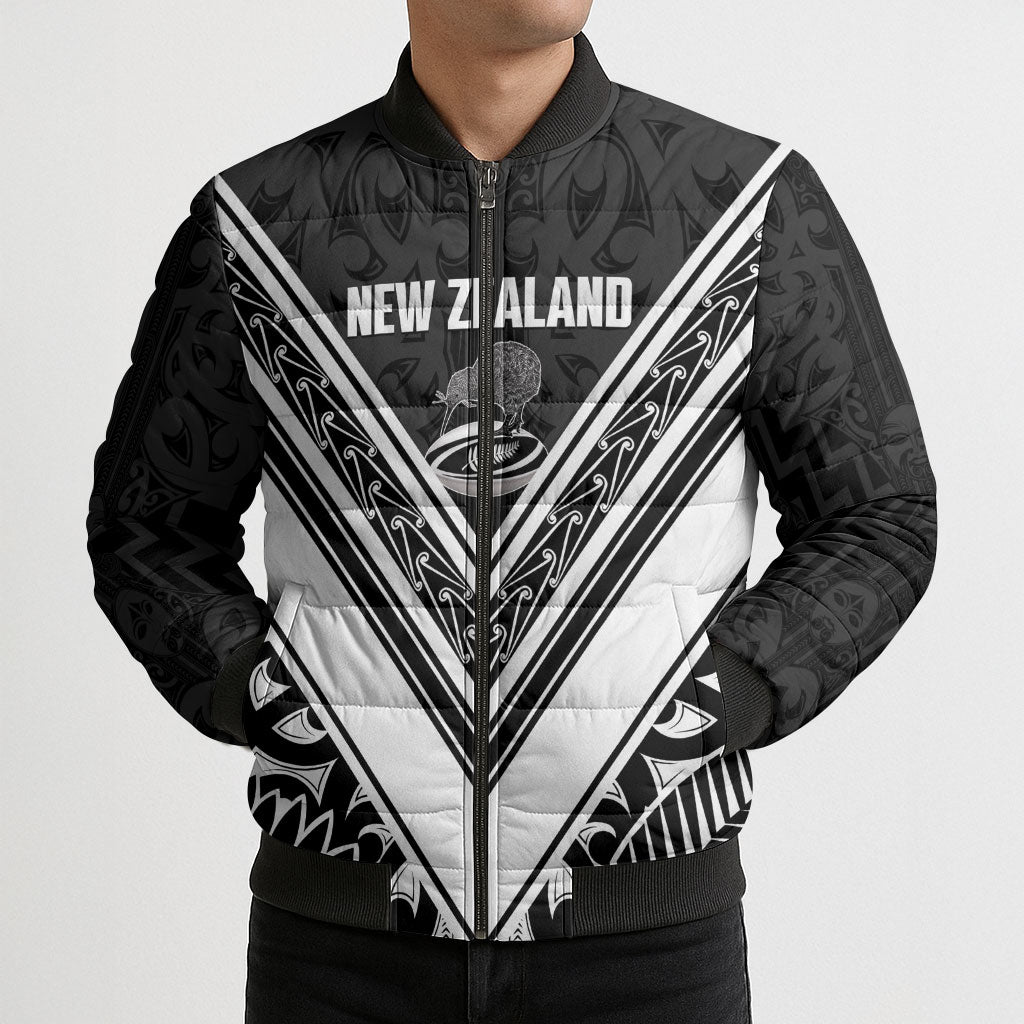 New Zealand Silver Fern Rugby Custom Bomber Puffer Jacket Go Wheel Kiwi Maori Pattern