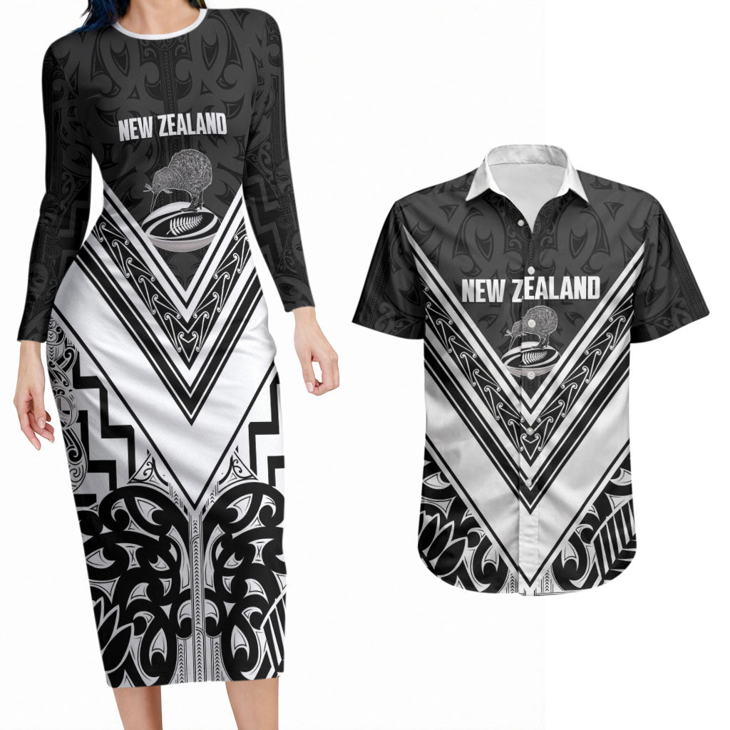 New Zealand Silver Fern Rugby Custom Couples Matching Long Sleeve Bodycon Dress and Hawaiian Shirt Go Wheel Kiwi Maori Pattern