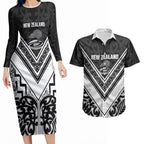 New Zealand Silver Fern Rugby Custom Couples Matching Long Sleeve Bodycon Dress and Hawaiian Shirt Go Wheel Kiwi Maori Pattern