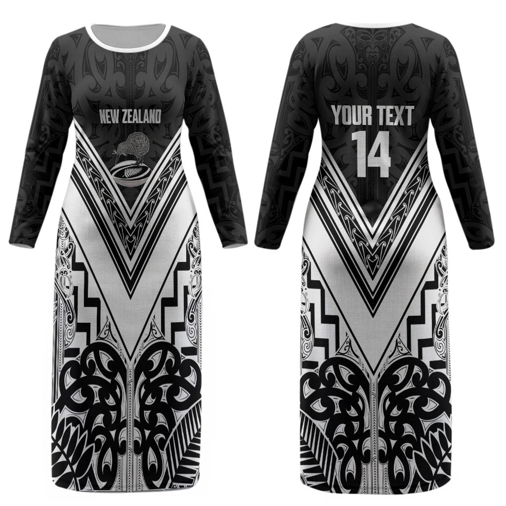 New Zealand Silver Fern Rugby Custom Couples Matching Long Sleeve Bodycon Dress and Hawaiian Shirt Go Wheel Kiwi Maori Pattern
