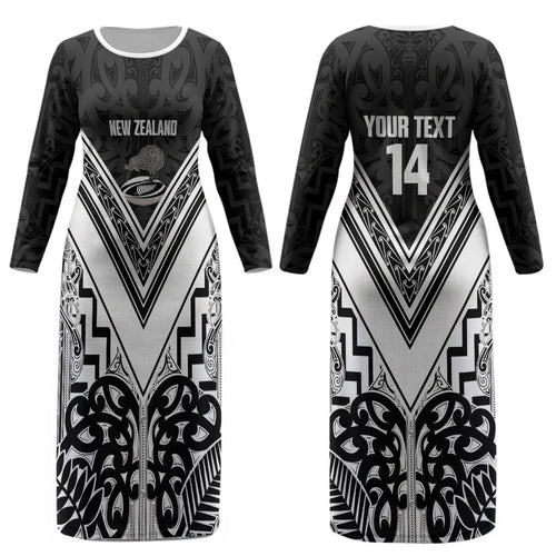 New Zealand Silver Fern Rugby Custom Couples Matching Long Sleeve Bodycon Dress and Hawaiian Shirt Go Wheel Kiwi Maori Pattern