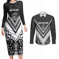 New Zealand Silver Fern Rugby Custom Couples Matching Long Sleeve Bodycon Dress and Long Sleeve Button Shirt Go Wheel Kiwi Maori Pattern