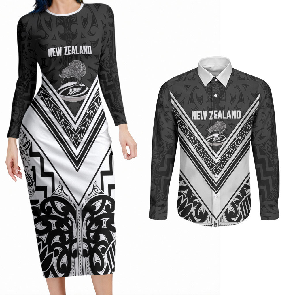 New Zealand Silver Fern Rugby Custom Couples Matching Long Sleeve Bodycon Dress and Long Sleeve Button Shirt Go Wheel Kiwi Maori Pattern