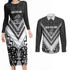 New Zealand Silver Fern Rugby Custom Couples Matching Long Sleeve Bodycon Dress and Long Sleeve Button Shirt Go Wheel Kiwi Maori Pattern