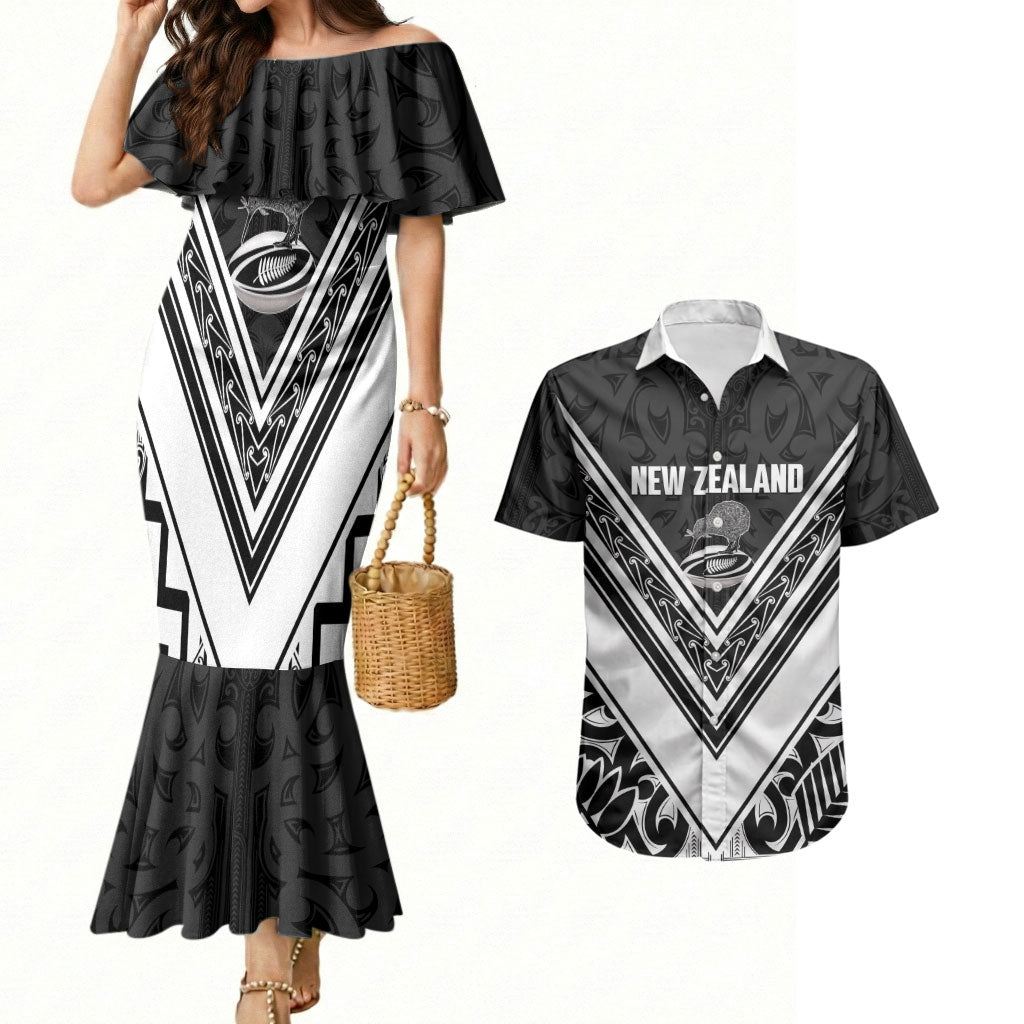 New Zealand Silver Fern Rugby Custom Couples Matching Mermaid Dress and Hawaiian Shirt Go Wheel Kiwi Maori Pattern