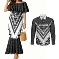 New Zealand Silver Fern Rugby Custom Couples Matching Mermaid Dress and Long Sleeve Button Shirt Go Wheel Kiwi Maori Pattern