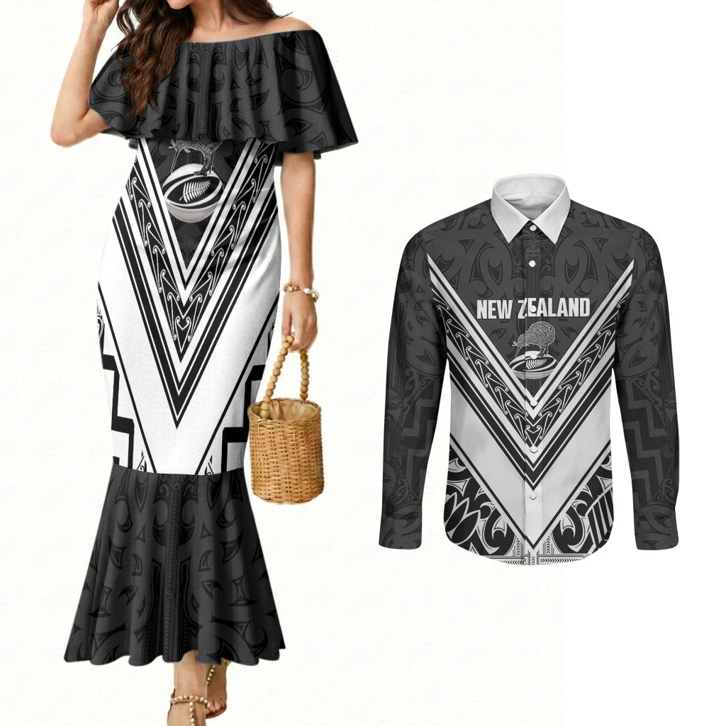 New Zealand Silver Fern Rugby Custom Couples Matching Mermaid Dress and Long Sleeve Button Shirt Go Wheel Kiwi Maori Pattern