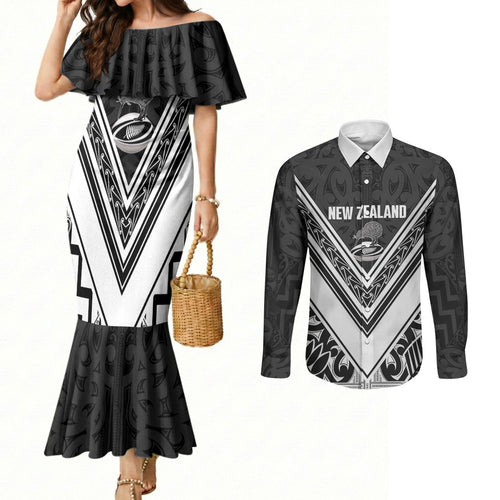 New Zealand Silver Fern Rugby Custom Couples Matching Mermaid Dress and Long Sleeve Button Shirt Go Wheel Kiwi Maori Pattern