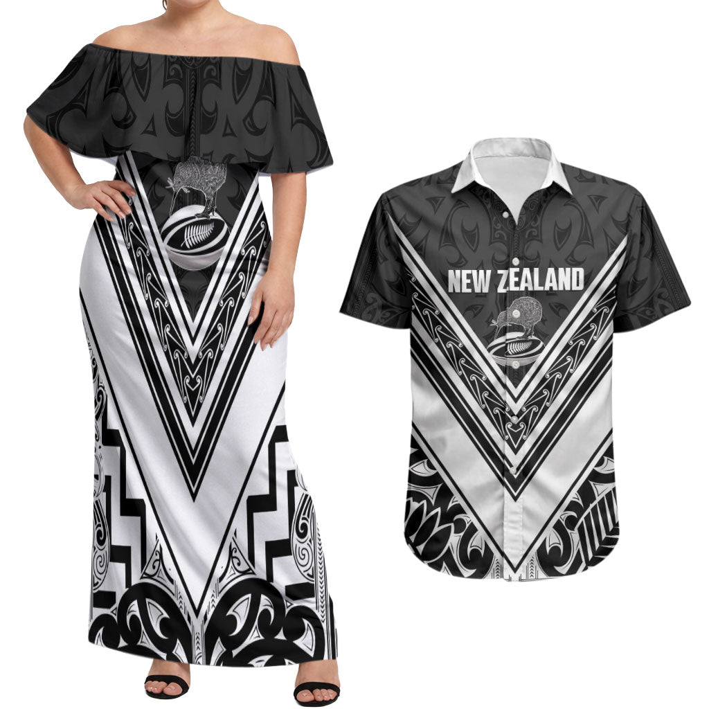 New Zealand Silver Fern Rugby Custom Couples Matching Off Shoulder Maxi Dress and Hawaiian Shirt Go Wheel Kiwi Maori Pattern