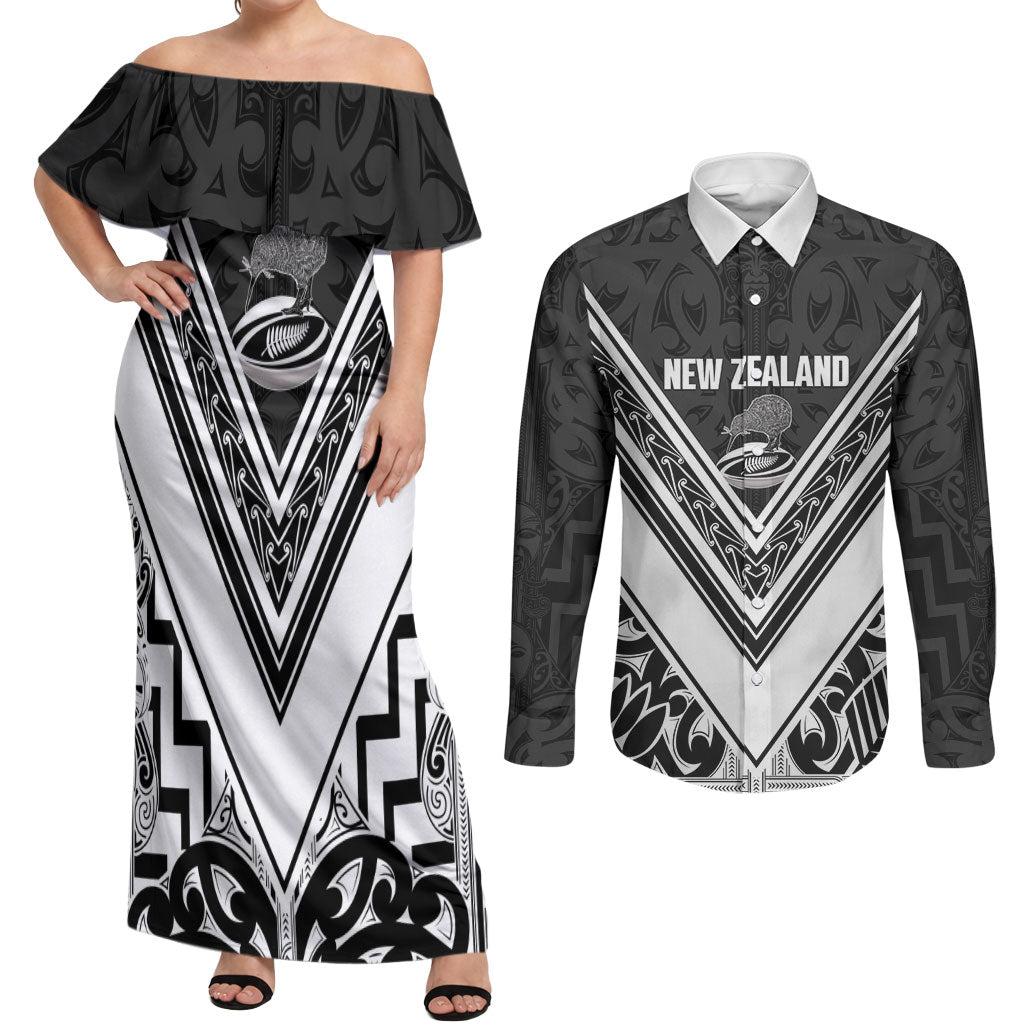New Zealand Silver Fern Rugby Custom Couples Matching Off Shoulder Maxi Dress and Long Sleeve Button Shirt Go Wheel Kiwi Maori Pattern