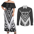New Zealand Silver Fern Rugby Custom Couples Matching Off Shoulder Maxi Dress and Long Sleeve Button Shirt Go Wheel Kiwi Maori Pattern