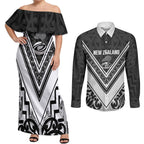 New Zealand Silver Fern Rugby Custom Couples Matching Off Shoulder Maxi Dress and Long Sleeve Button Shirt Go Wheel Kiwi Maori Pattern