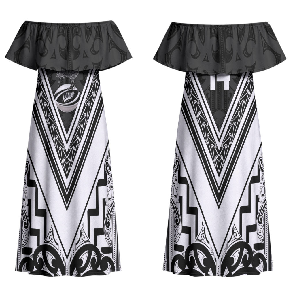New Zealand Silver Fern Rugby Custom Couples Matching Off Shoulder Maxi Dress and Long Sleeve Button Shirt Go Wheel Kiwi Maori Pattern