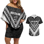 New Zealand Silver Fern Rugby Custom Couples Matching Off Shoulder Short Dress and Hawaiian Shirt Go Wheel Kiwi Maori Pattern