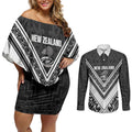 New Zealand Silver Fern Rugby Custom Couples Matching Off Shoulder Short Dress and Long Sleeve Button Shirt Go Wheel Kiwi Maori Pattern