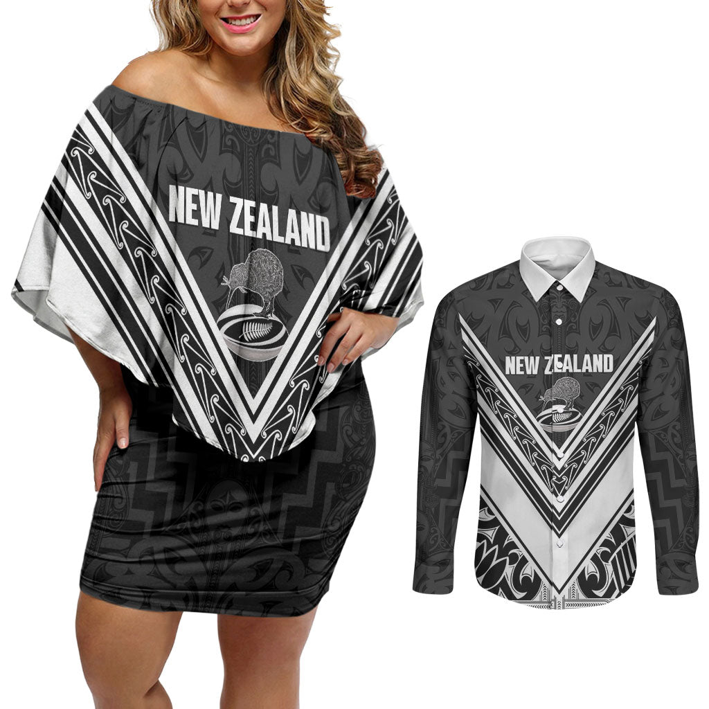 New Zealand Silver Fern Rugby Custom Couples Matching Off Shoulder Short Dress and Long Sleeve Button Shirt Go Wheel Kiwi Maori Pattern