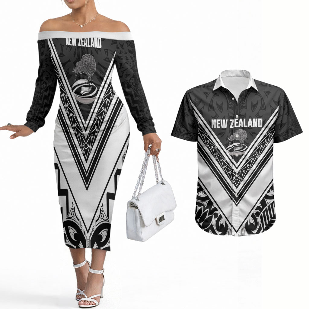 New Zealand Silver Fern Rugby Custom Couples Matching Off The Shoulder Long Sleeve Dress and Hawaiian Shirt Go Wheel Kiwi Maori Pattern