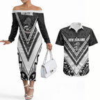 New Zealand Silver Fern Rugby Custom Couples Matching Off The Shoulder Long Sleeve Dress and Hawaiian Shirt Go Wheel Kiwi Maori Pattern