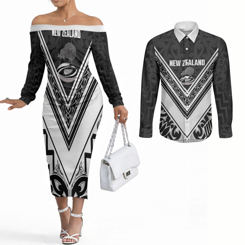 New Zealand Silver Fern Rugby Custom Couples Matching Off The Shoulder Long Sleeve Dress and Long Sleeve Button Shirt Go Wheel Kiwi Maori Pattern