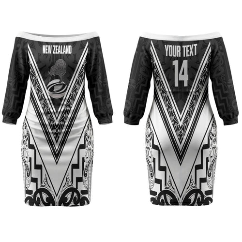 New Zealand Silver Fern Rugby Custom Couples Matching Off The Shoulder Long Sleeve Dress and Long Sleeve Button Shirt Go Wheel Kiwi Maori Pattern