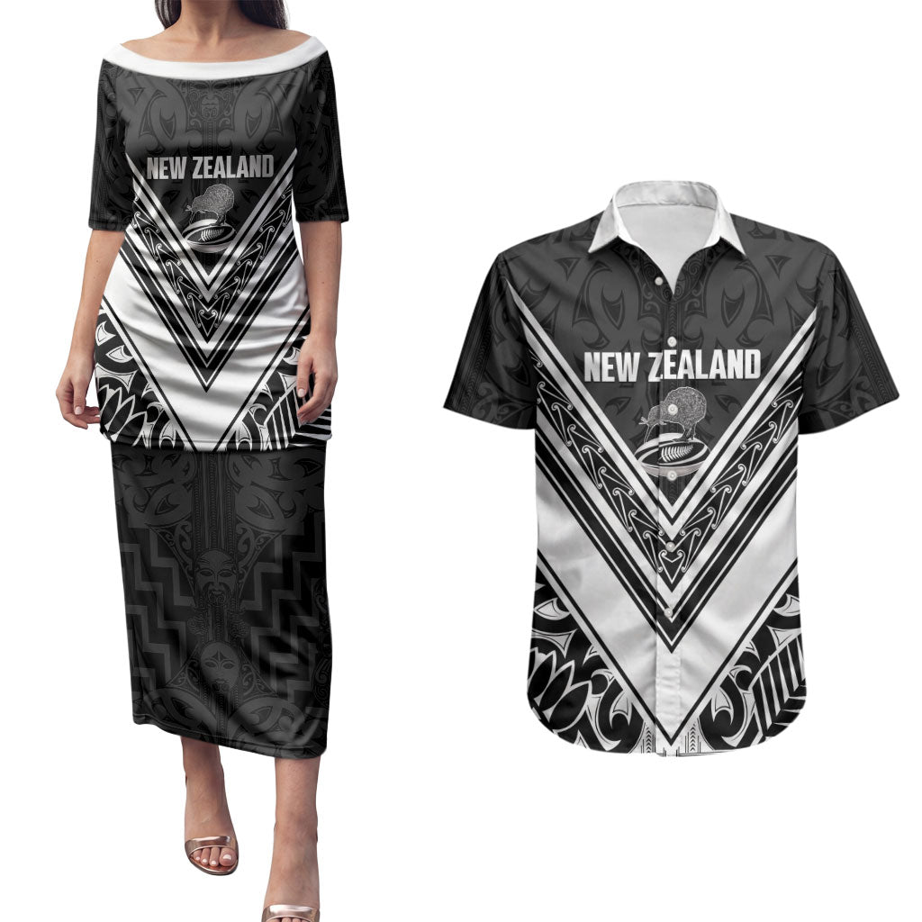 New Zealand Silver Fern Rugby Custom Couples Matching Puletasi and Hawaiian Shirt Go Wheel Kiwi Maori Pattern