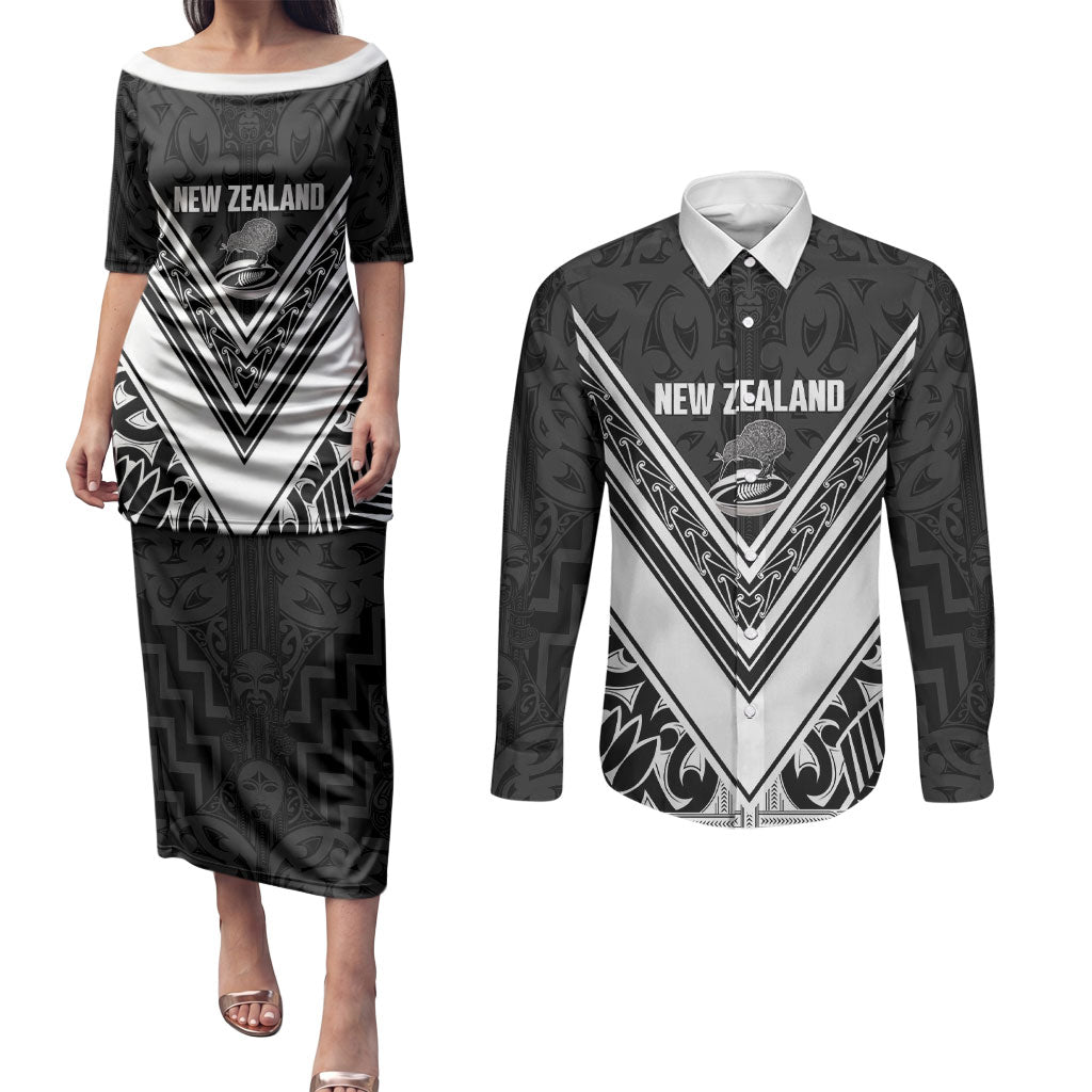 New Zealand Silver Fern Rugby Custom Couples Matching Puletasi and Long Sleeve Button Shirt Go Wheel Kiwi Maori Pattern