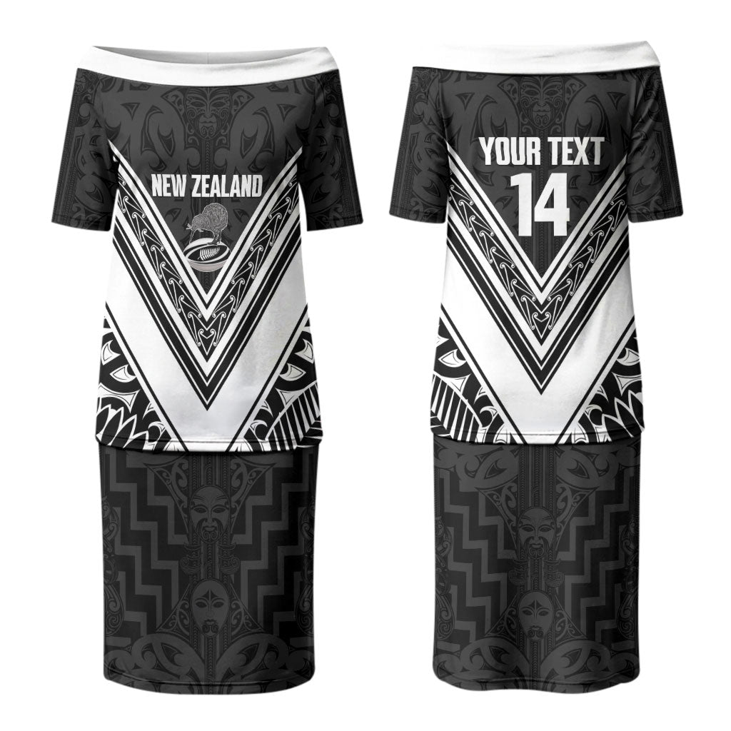 New Zealand Silver Fern Rugby Custom Couples Matching Puletasi and Long Sleeve Button Shirt Go Wheel Kiwi Maori Pattern
