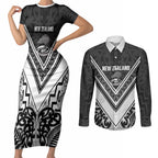 New Zealand Silver Fern Rugby Custom Couples Matching Short Sleeve Bodycon Dress and Long Sleeve Button Shirt Go Wheel Kiwi Maori Pattern