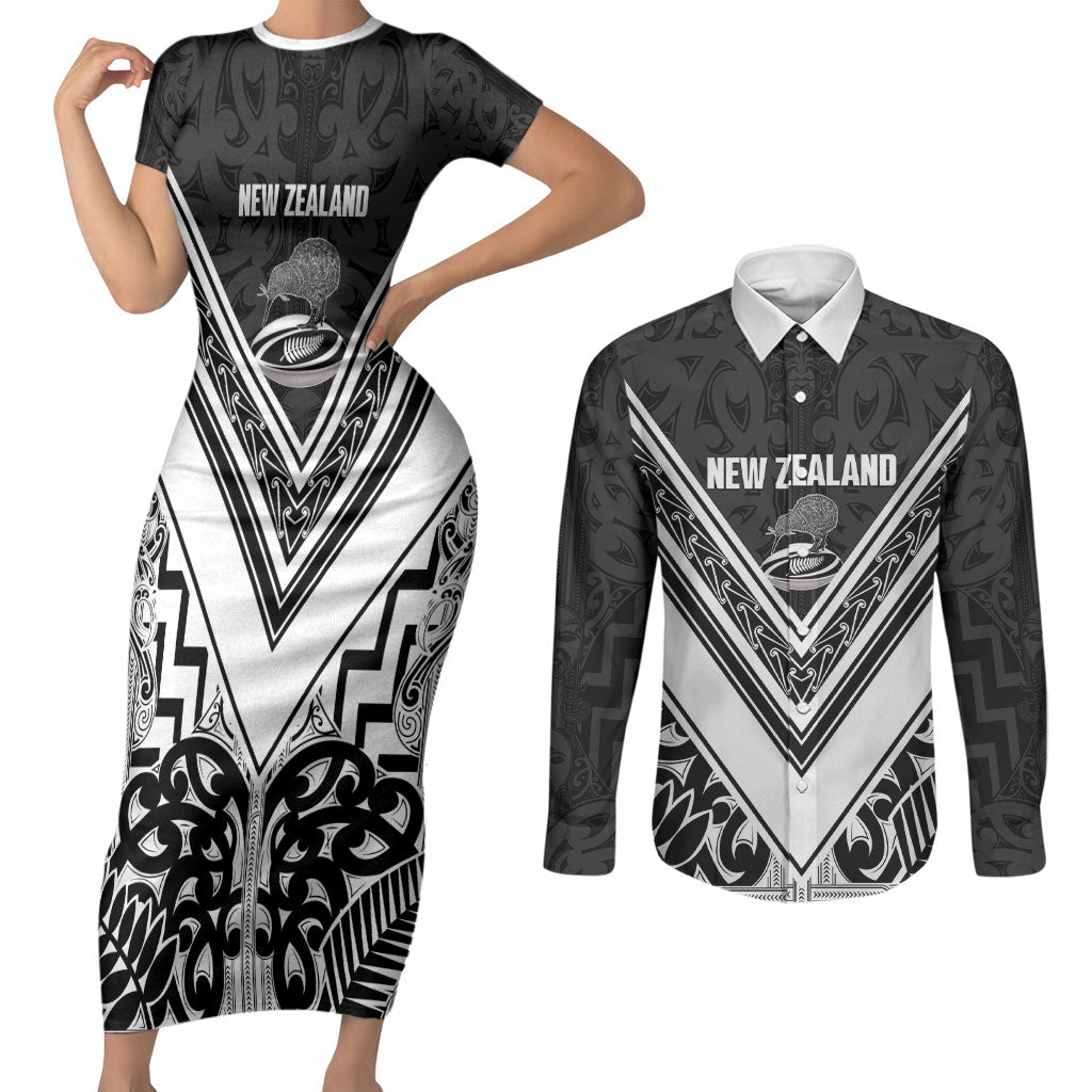 New Zealand Silver Fern Rugby Custom Couples Matching Short Sleeve Bodycon Dress and Long Sleeve Button Shirt Go Wheel Kiwi Maori Pattern