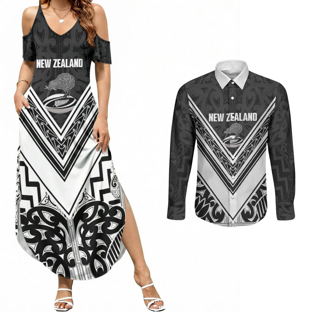 New Zealand Silver Fern Rugby Custom Couples Matching Summer Maxi Dress and Long Sleeve Button Shirt Go Wheel Kiwi Maori Pattern