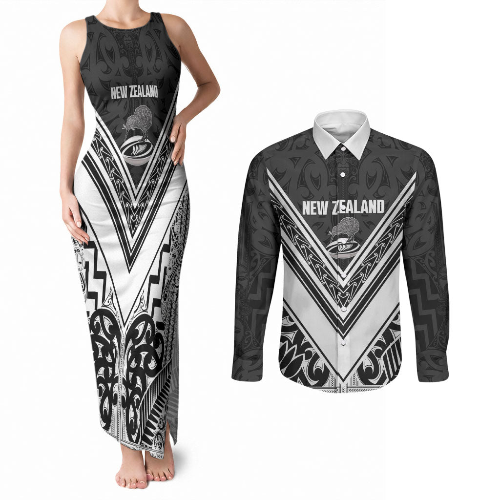 New Zealand Silver Fern Rugby Custom Couples Matching Tank Maxi Dress and Long Sleeve Button Shirt Go Wheel Kiwi Maori Pattern