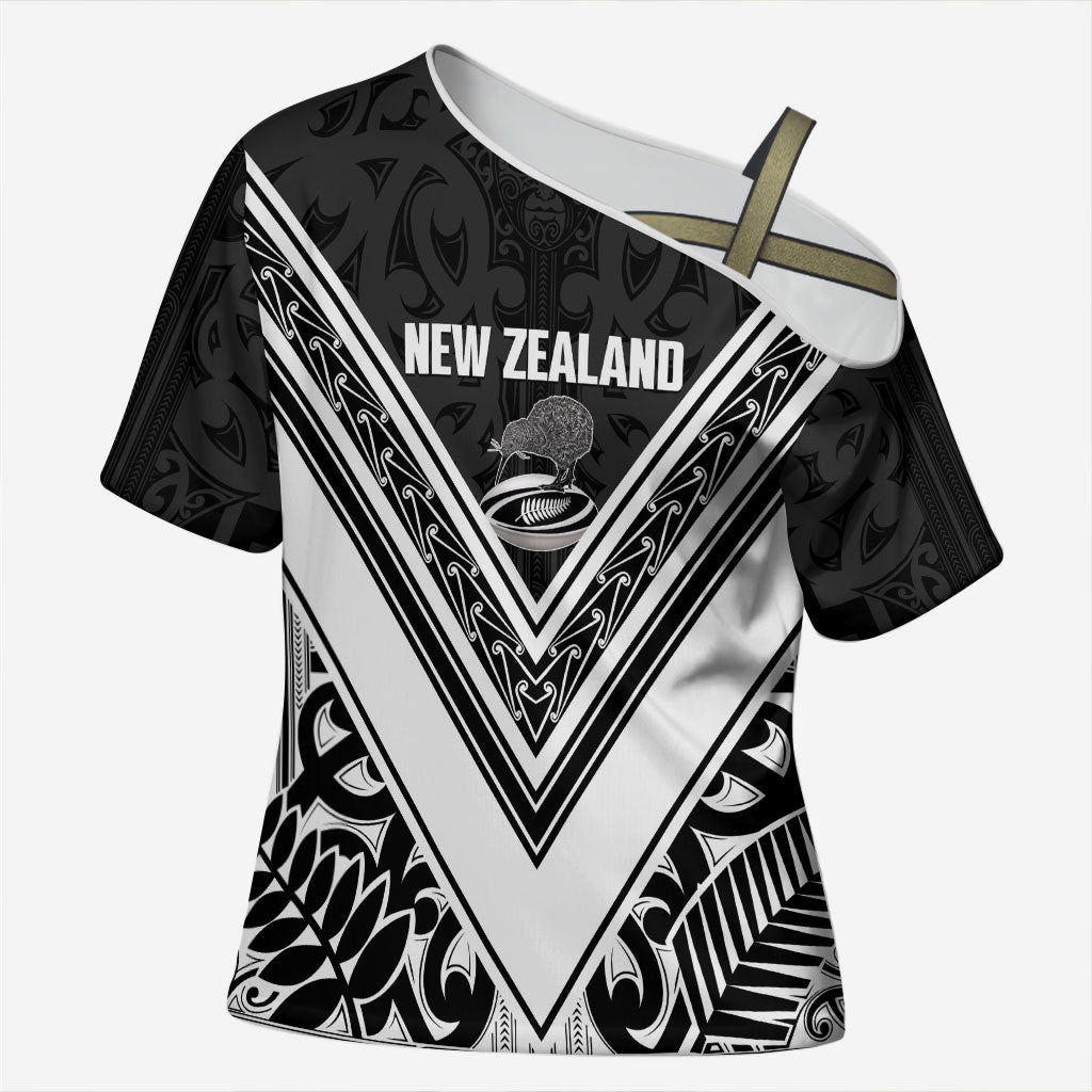 New Zealand Silver Fern Rugby Custom Cross Shoulder Shirt Go Wheel Kiwi Maori Pattern