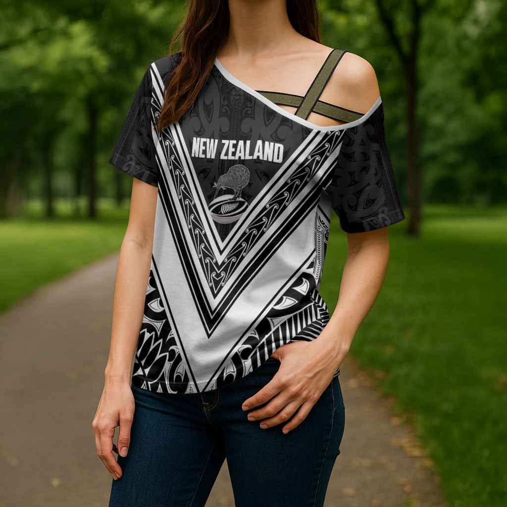 New Zealand Silver Fern Rugby Custom Cross Shoulder Shirt Go Wheel Kiwi Maori Pattern