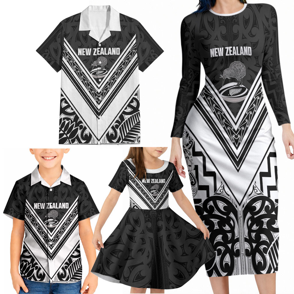 New Zealand Silver Fern Rugby Custom Family Matching Long Sleeve Bodycon Dress and Hawaiian Shirt Go Wheel Kiwi Maori Pattern