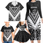 New Zealand Silver Fern Rugby Custom Family Matching Long Sleeve Bodycon Dress and Hawaiian Shirt Go Wheel Kiwi Maori Pattern