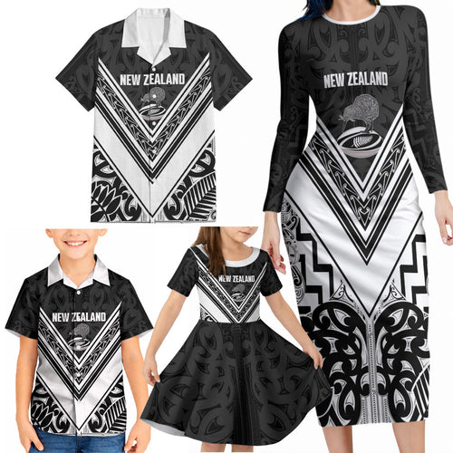 New Zealand Silver Fern Rugby Custom Family Matching Long Sleeve Bodycon Dress and Hawaiian Shirt Go Wheel Kiwi Maori Pattern