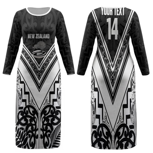 New Zealand Silver Fern Rugby Custom Family Matching Long Sleeve Bodycon Dress and Hawaiian Shirt Go Wheel Kiwi Maori Pattern