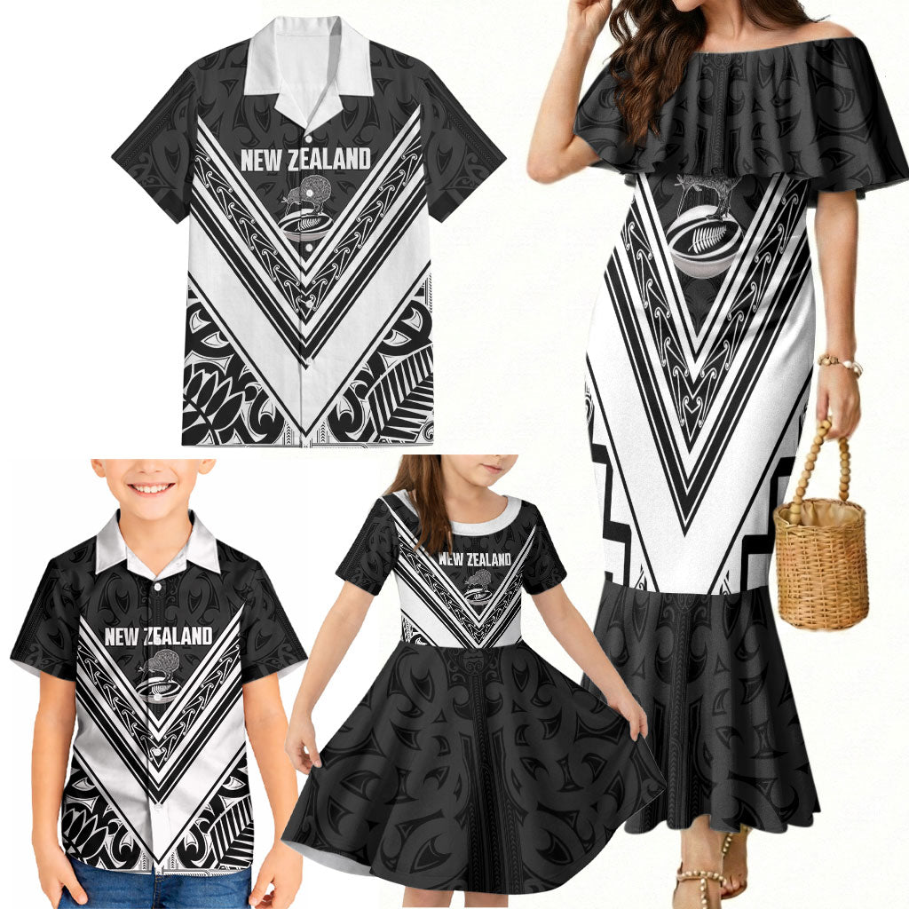 New Zealand Silver Fern Rugby Custom Family Matching Mermaid Dress and Hawaiian Shirt Go Wheel Kiwi Maori Pattern