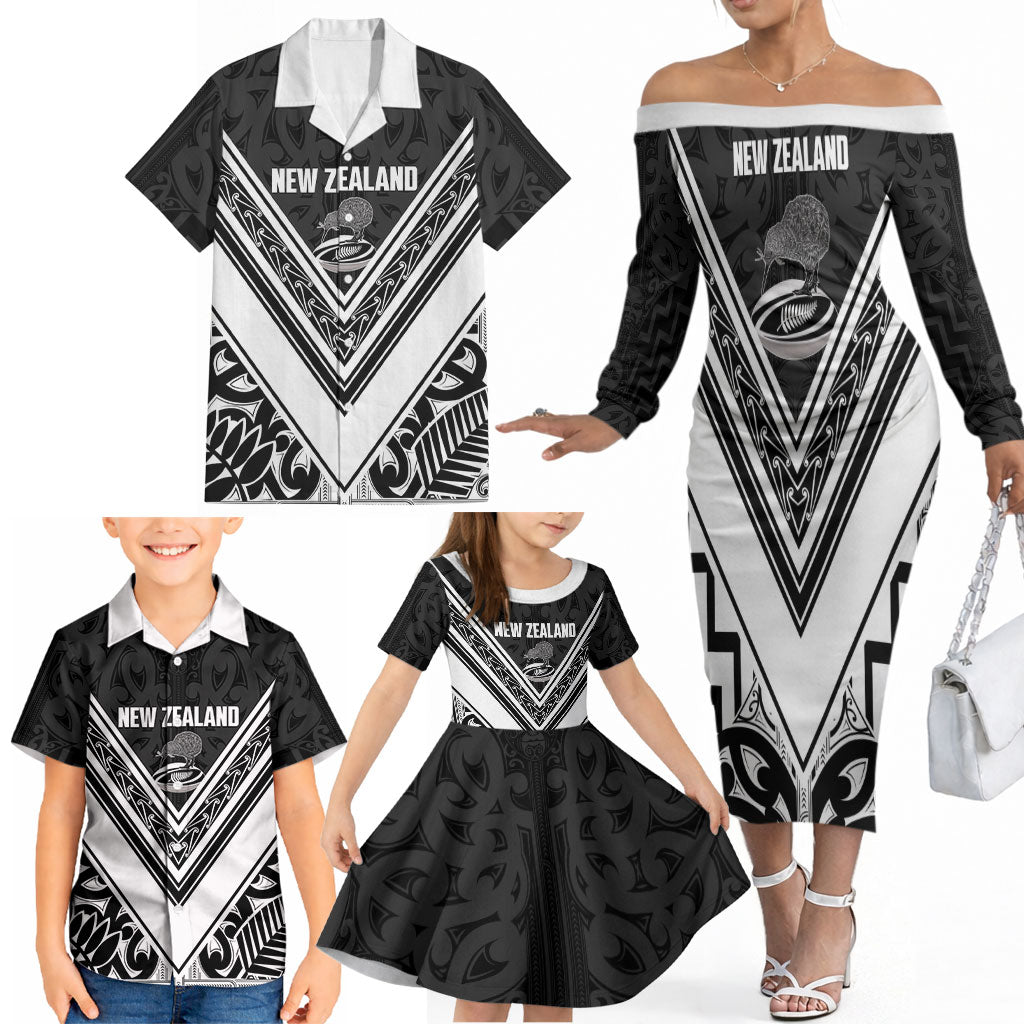 New Zealand Silver Fern Rugby Custom Family Matching Off The Shoulder Long Sleeve Dress and Hawaiian Shirt Go Wheel Kiwi Maori Pattern