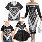 New Zealand Silver Fern Rugby Custom Family Matching Off The Shoulder Long Sleeve Dress and Hawaiian Shirt Go Wheel Kiwi Maori Pattern