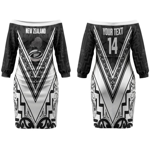 New Zealand Silver Fern Rugby Custom Family Matching Off The Shoulder Long Sleeve Dress and Hawaiian Shirt Go Wheel Kiwi Maori Pattern