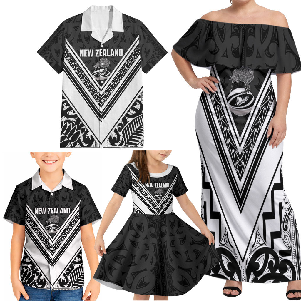 New Zealand Silver Fern Rugby Custom Family Matching Off Shoulder Maxi Dress and Hawaiian Shirt Go Wheel Kiwi Maori Pattern