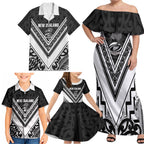 New Zealand Silver Fern Rugby Custom Family Matching Off Shoulder Maxi Dress and Hawaiian Shirt Go Wheel Kiwi Maori Pattern