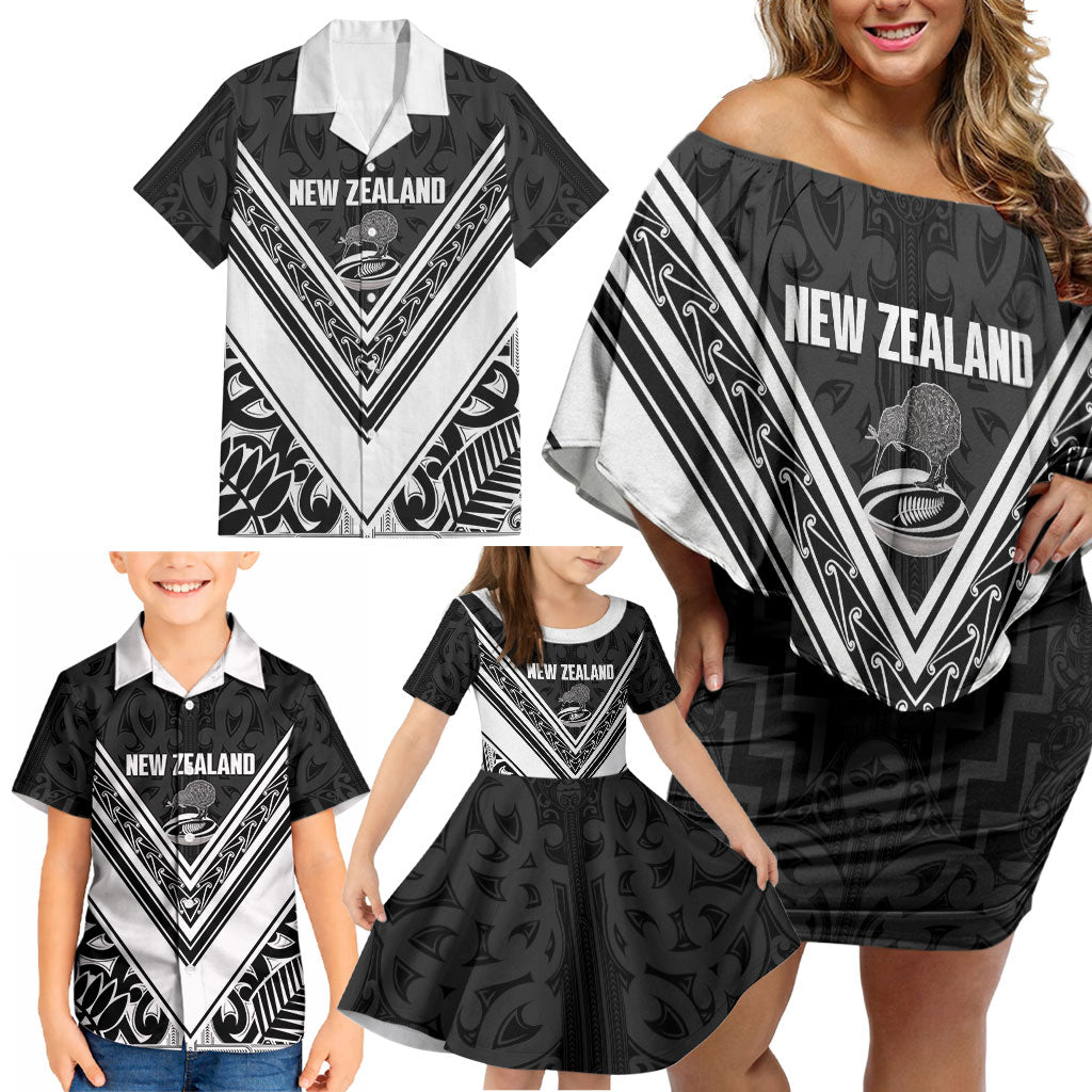 New Zealand Silver Fern Rugby Custom Family Matching Off Shoulder Short Dress and Hawaiian Shirt Go Wheel Kiwi Maori Pattern