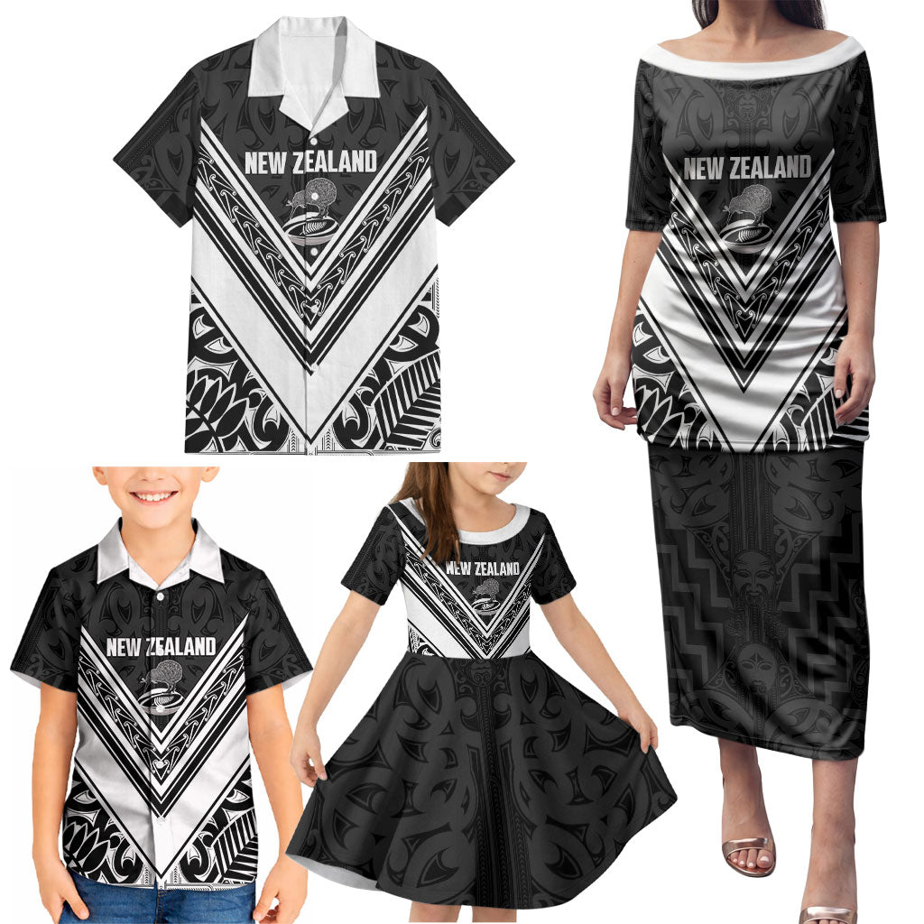 New Zealand Silver Fern Rugby Custom Family Matching Puletasi and Hawaiian Shirt Go Wheel Kiwi Maori Pattern