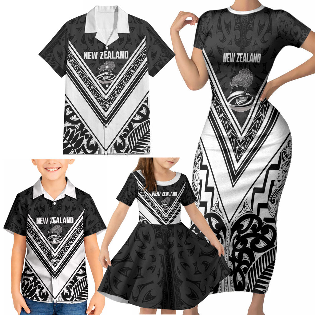 New Zealand Silver Fern Rugby Custom Family Matching Short Sleeve Bodycon Dress and Hawaiian Shirt Go Wheel Kiwi Maori Pattern