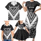 New Zealand Silver Fern Rugby Custom Family Matching Short Sleeve Bodycon Dress and Hawaiian Shirt Go Wheel Kiwi Maori Pattern